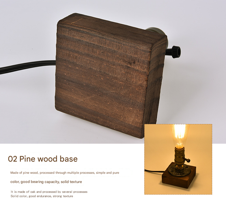 Rustic Industrial Table Lamp Vintage Wooden Base Accent Light - Image 4