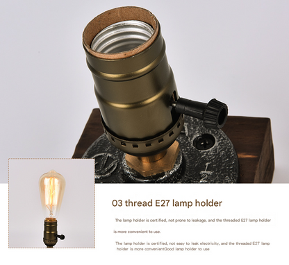 Rustic Industrial Table Lamp Vintage Wooden Base Accent Light - Image 5