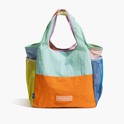 Orange Vibrant Colorblock Foldable Tote Bag Lightweight Reusable Shopping Shoulder Bag