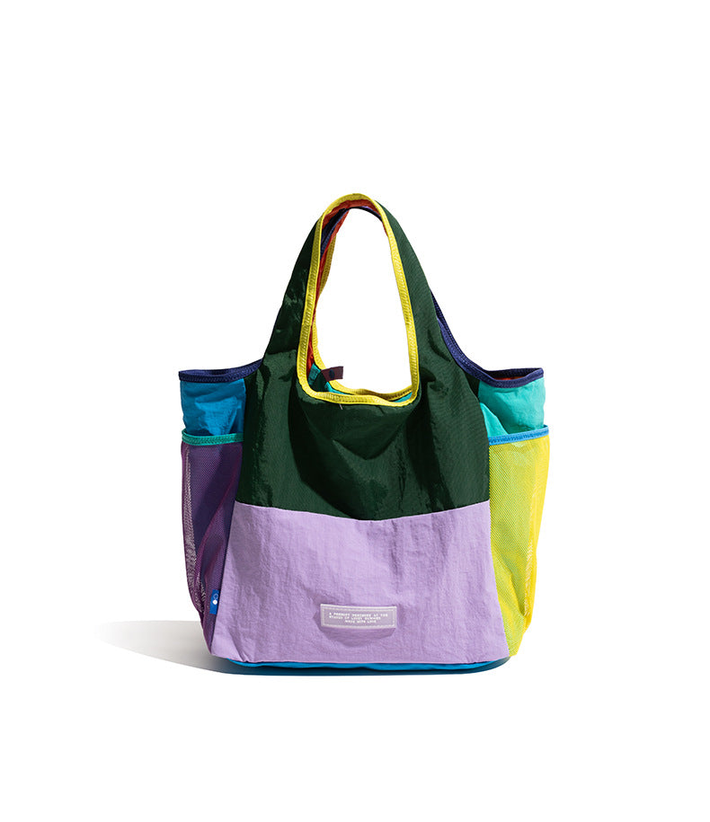 Purple Vibrant Colorblock Foldable Tote Bag Lightweight Reusable Shopping Shoulder Bag