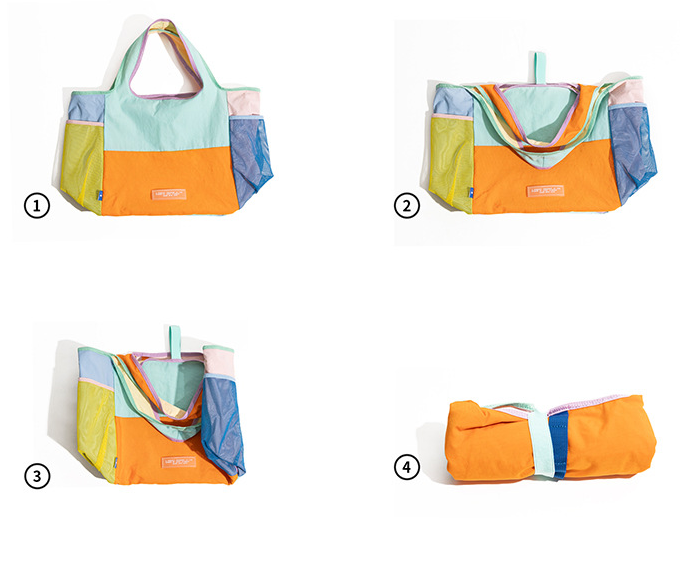 Purple Vibrant Colorblock Foldable Tote Bag Lightweight Reusable Shopping Shoulder Bag - Image 2