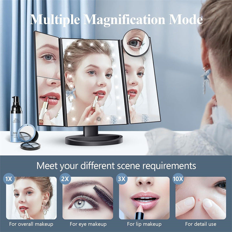Black LED Lighted Tri-Fold Vanity Mirror with 2X/3X/10X Magnification - Image 3