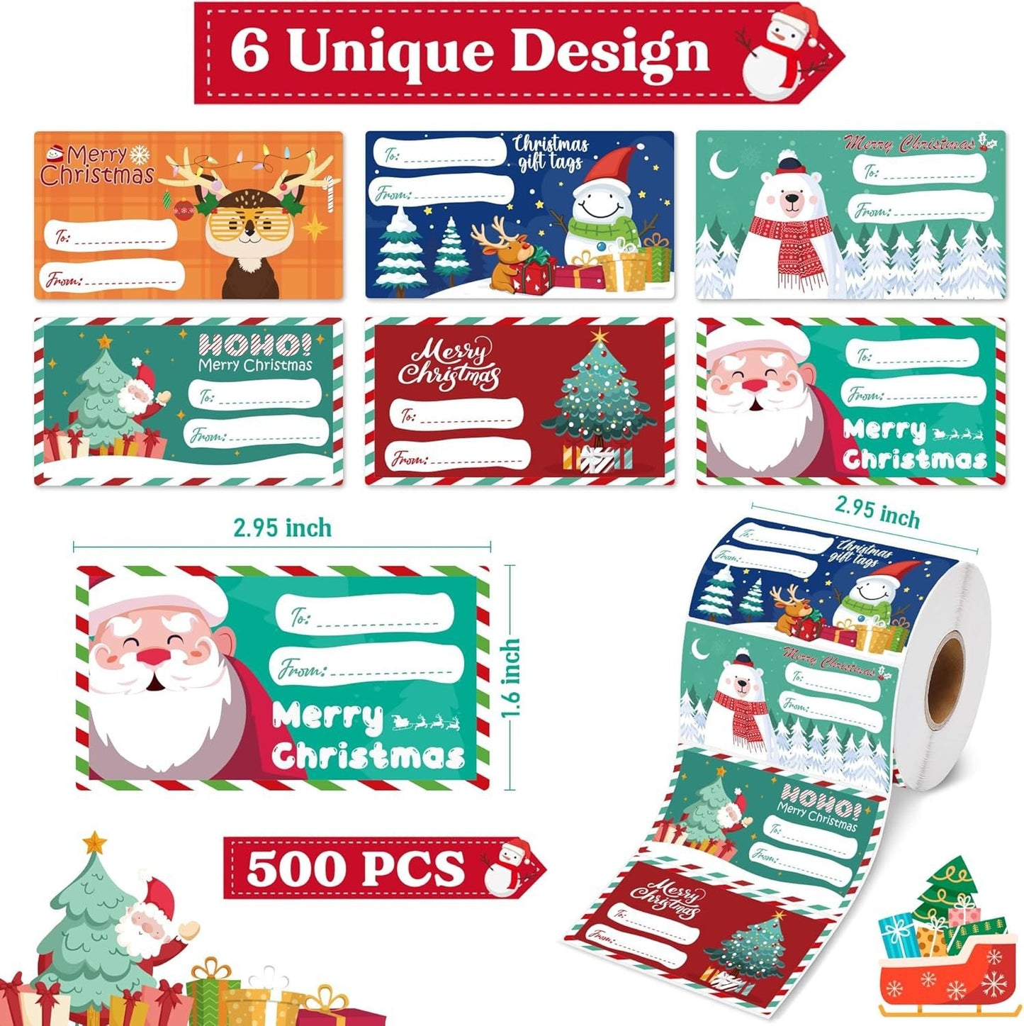 Set of 4 Christmas Gift Tag Sticker Rolls - 2000 Self-Adhesive Labels for Presents - Image 2