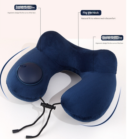Grey Press-to-Inflate Travel Neck Pillow - Ergonomic U-Shaped Cushion for Airplane and Car - Image 2