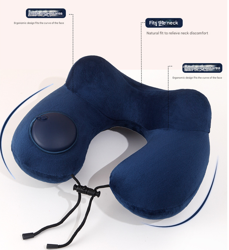 Black Press-to-Inflate Travel Neck Pillow - Ergonomic U-Shaped Cushion for Airplane and Car - Image 2