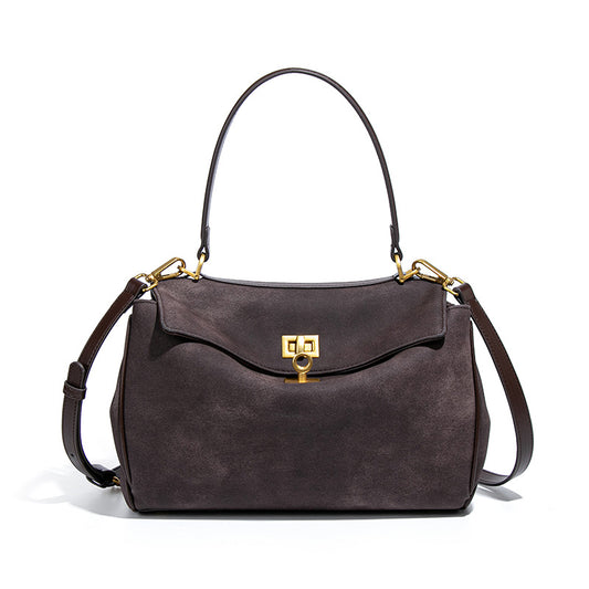 Coffee Women's Vintage Suede Satchel Bag - Elegant Top Handle Purse with Gold Lock