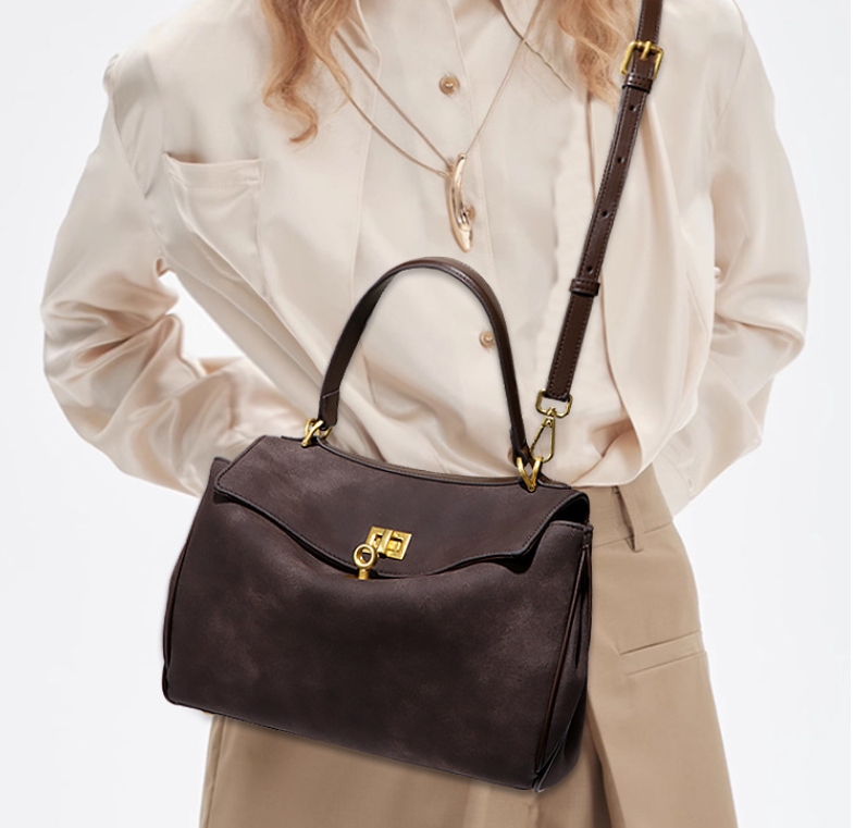 Coffee Women's Vintage Suede Satchel Bag - Elegant Top Handle Purse with Gold Lock - Image 2