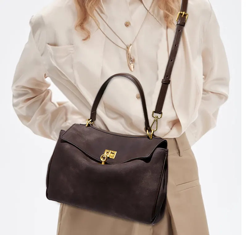 Grey Women's Vintage Suede Satchel Bag - Elegant Top Handle Purse with Gold Lock - Image 2