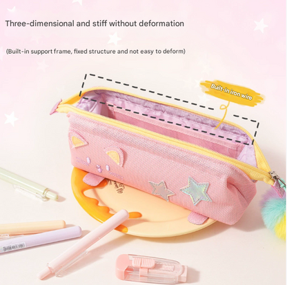 Pink Cute Cat Pencil Case for Girls - Large Capacity Sparkly Stationery Pouch with Fluffy Pom Pom - Image 3