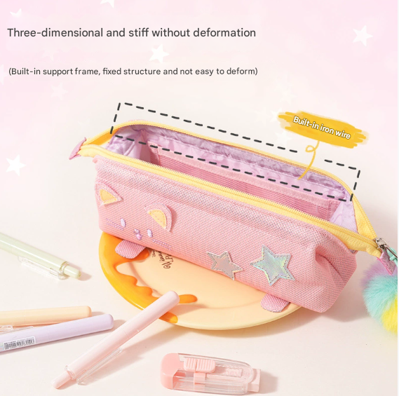 Green Cute Cat Pencil Case for Girls - Large Capacity Sparkly Stationery Pouch with Fluffy Pom Pom - Image 3