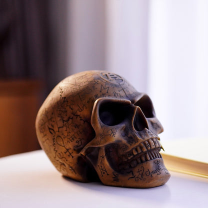 Mystic Runic Skull Statue with Gold Fang - Hand-Painted Resin Figurine for Gothic & Halloween Decor - Image 2