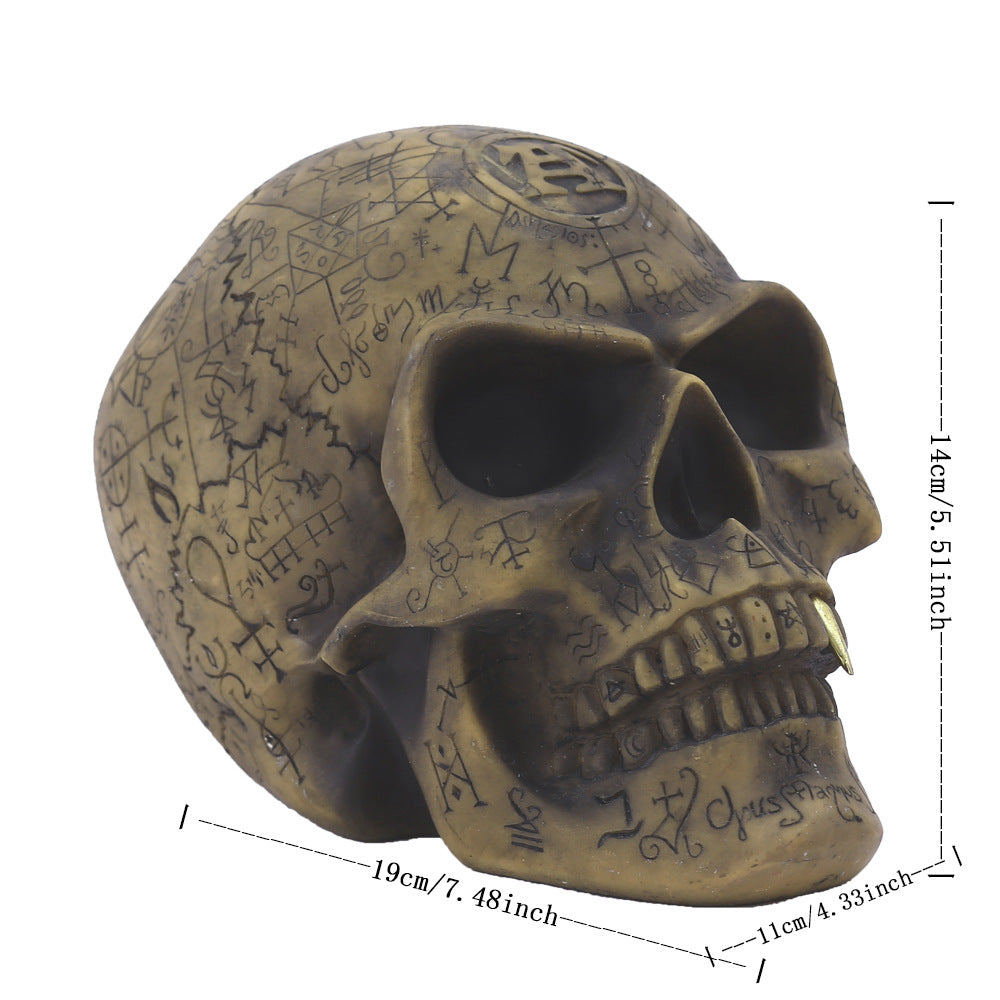 Mystic Runic Skull Statue with Gold Fang - Hand-Painted Resin Figurine for Gothic & Halloween Decor - Image 4