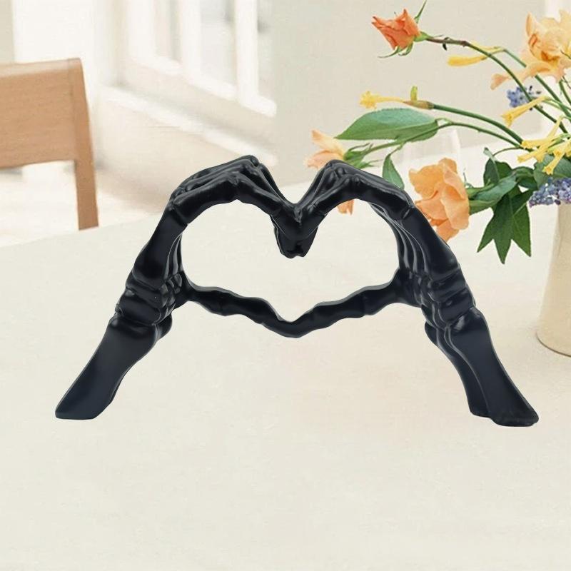 Black Gothic Skeleton Hands Heart Sculpture - Macabre Love Figurine for Home & Halloween Decor