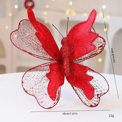 Red Large Glitter Butterfly Christmas Ornaments (Set of 2) - Clip-On Decorations for Trees & Wreaths