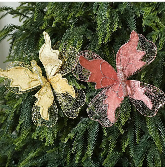 Rose Gold Large Glitter Butterfly Christmas Ornaments (Set of 2) - Clip-On Decorations for Trees & Wreaths - Image 2