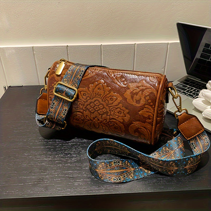 Brown Vintage Embossed Crossbody Barrel Bag with Wide Adjustable Guitar Strap - Image 2