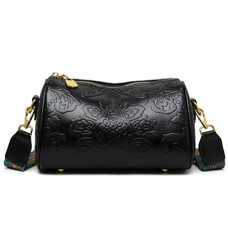 Black Vintage Embossed Crossbody Barrel Bag with Wide Adjustable Guitar Strap