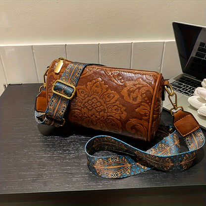 Black Vintage Embossed Crossbody Barrel Bag with Wide Adjustable Guitar Strap - Image 2
