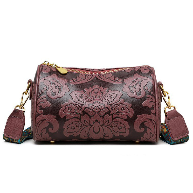 Dark Purple Vintage Embossed Crossbody Barrel Bag with Wide Adjustable Guitar Strap