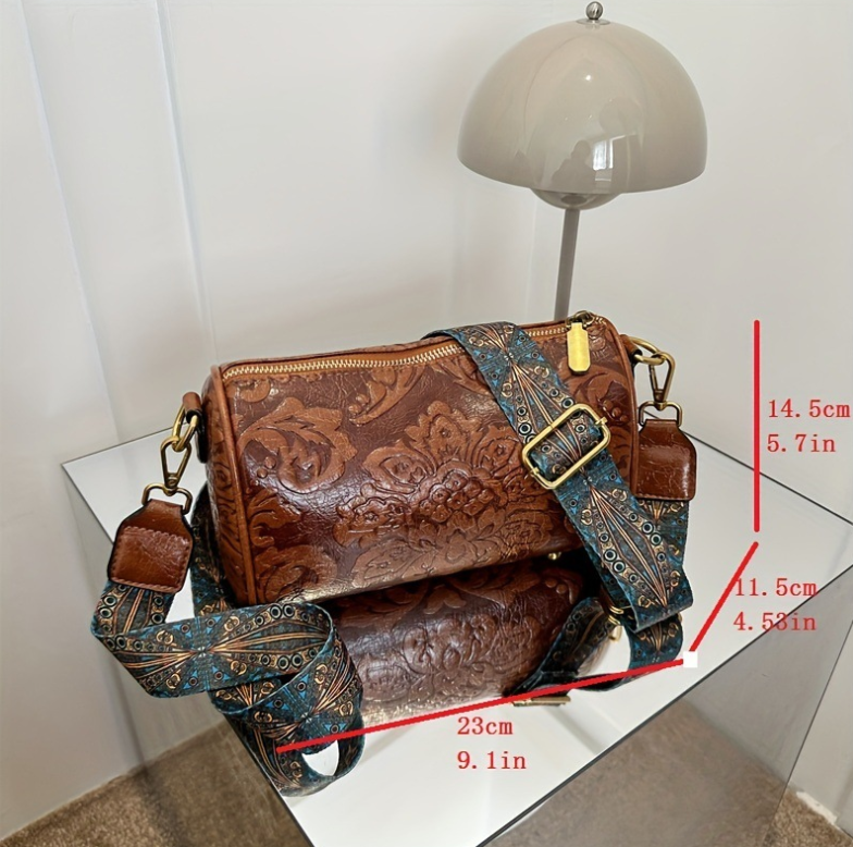 Dark Purple Vintage Embossed Crossbody Barrel Bag with Wide Adjustable Guitar Strap - Image 3