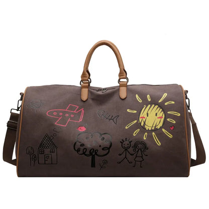 Coffee-brown Large Capacity Graffiti Travel Duffel Bag - Canvas Weekender with Wet/Dry Pocket & Shoe Compartment