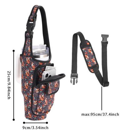 Leopard-print White Insulated Tumbler Carrier Pouch with Adjustable Strap & Pocket - Image 2