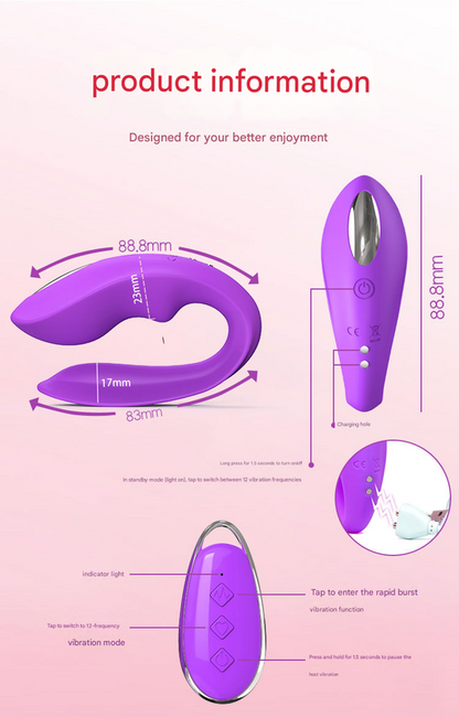 Purple BlissLink U-Shaped Wearable Couple's Vibrator with Remote - 12 Modes for Shared Intimacy & Solo Fun - Image 2