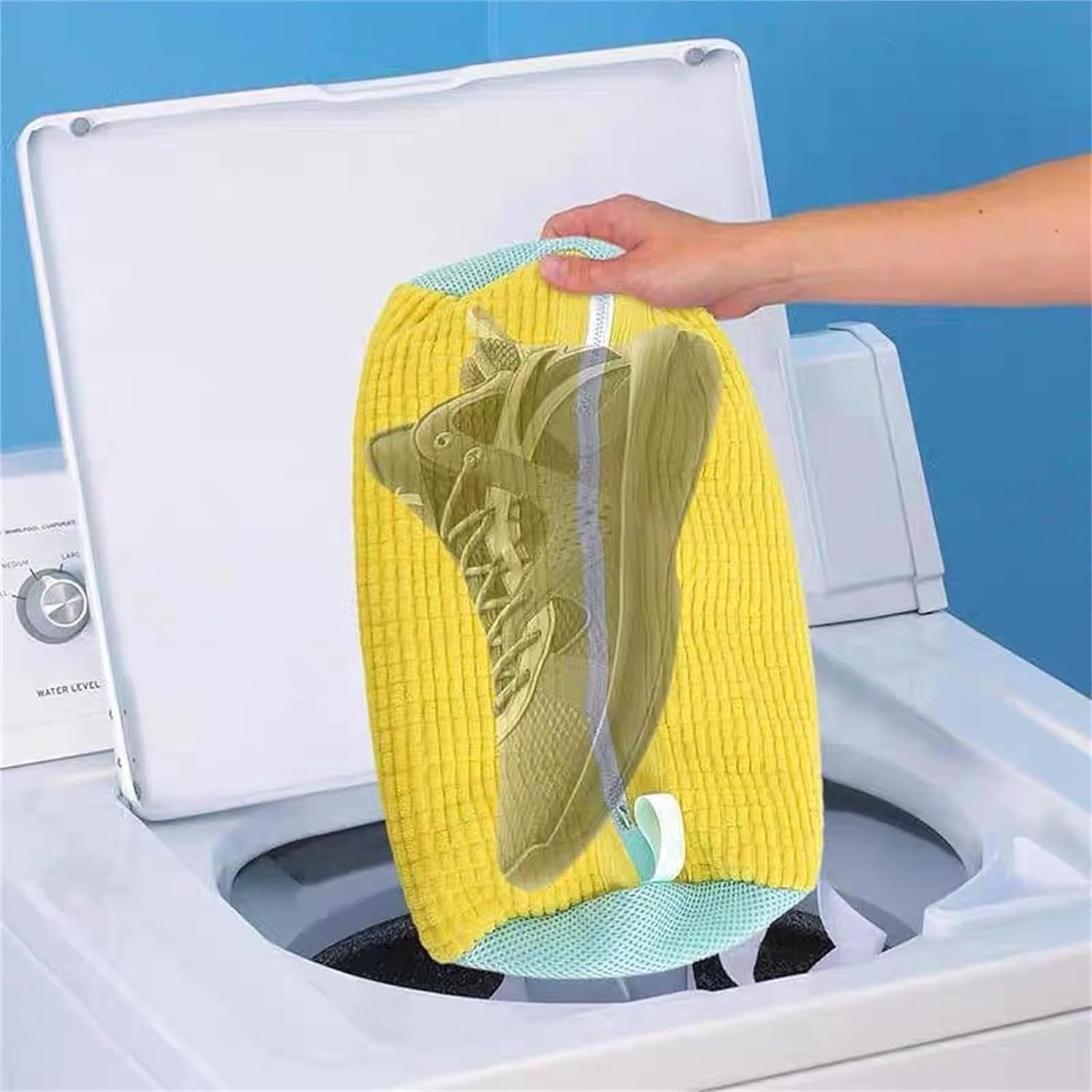 Yellow 2piece Durable Sneaker Wash Bag for Washing Machine - Anti-Deformation Shoe Protector with Chenille Fabric - Image 2