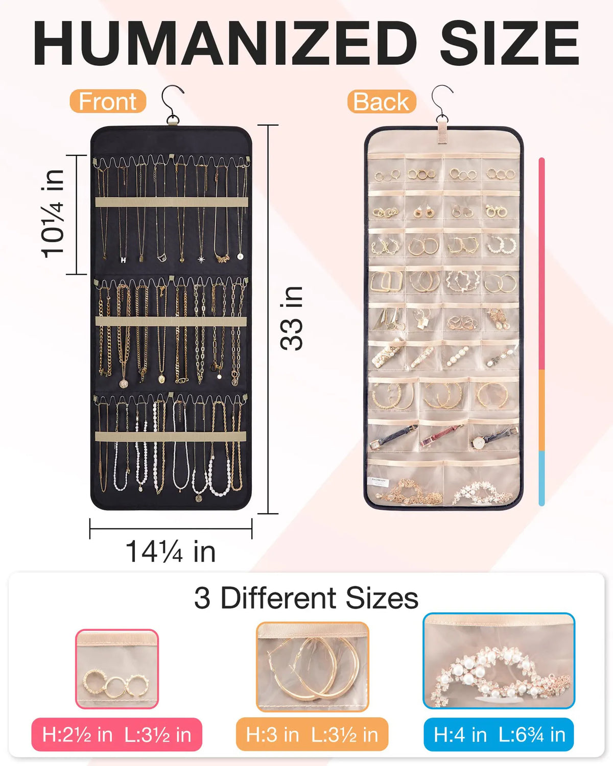 Black Hanging Jewelry Organizer - Closet Storage for Necklaces, Earrings, and Rings with Clear Pockets(14*33inch) - Image 2