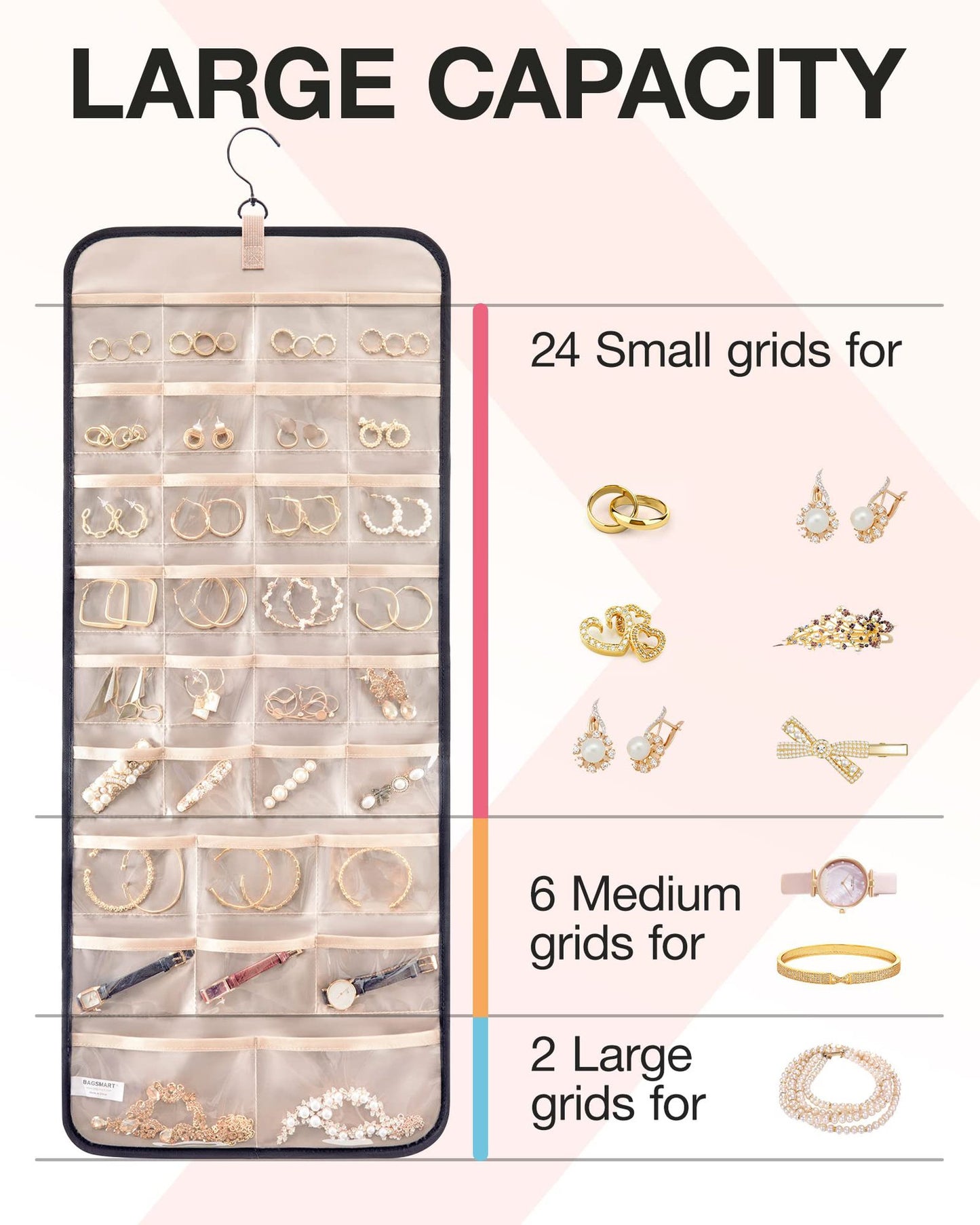 Black Hanging Jewelry Organizer - Closet Storage for Necklaces, Earrings, and Rings with Clear Pockets(14*33inch) - Image 3