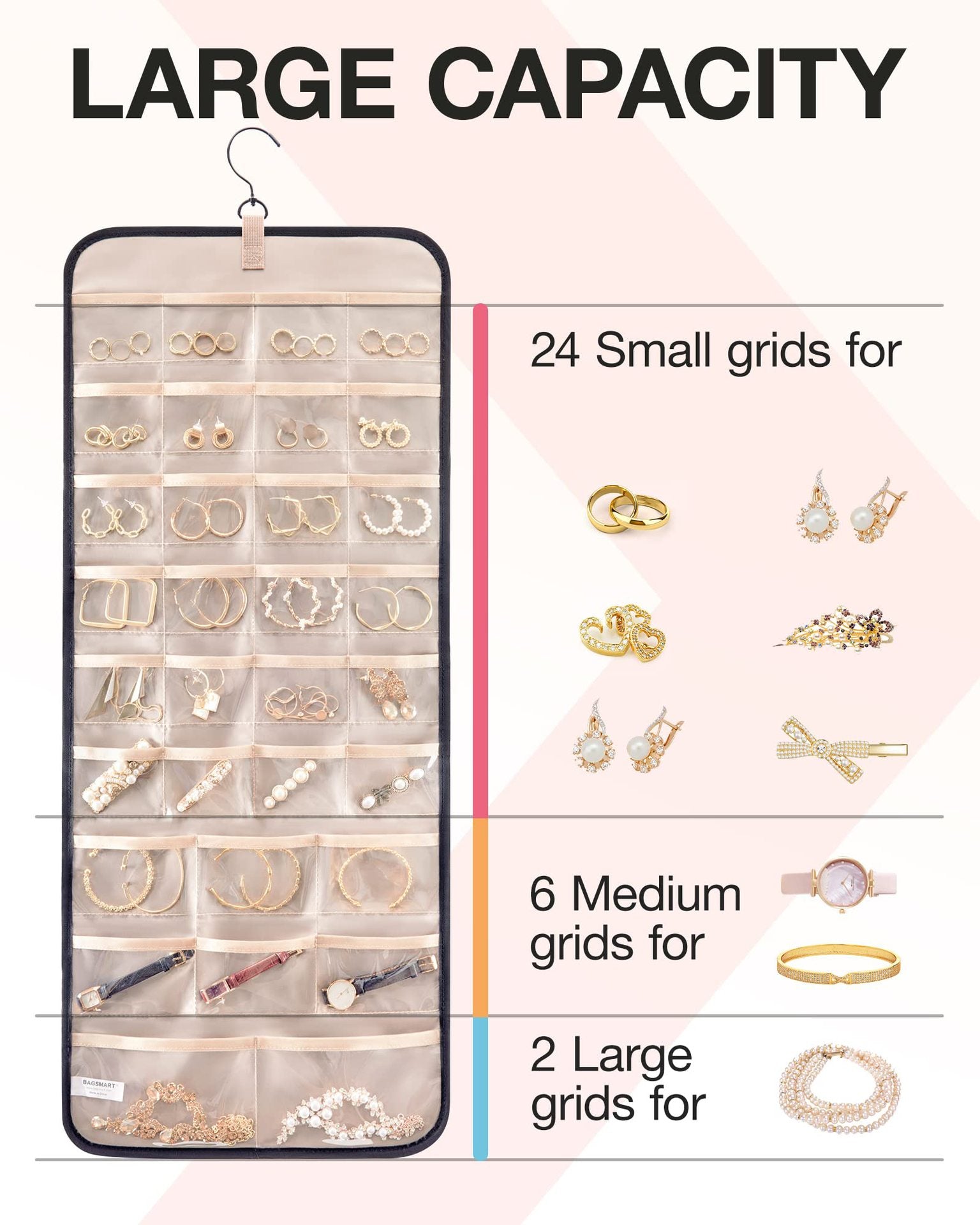 Black Hanging Jewelry Organizer - Closet Storage for Necklaces, Earrings, and Rings with Clear Pockets(14*33inch) - Image 3