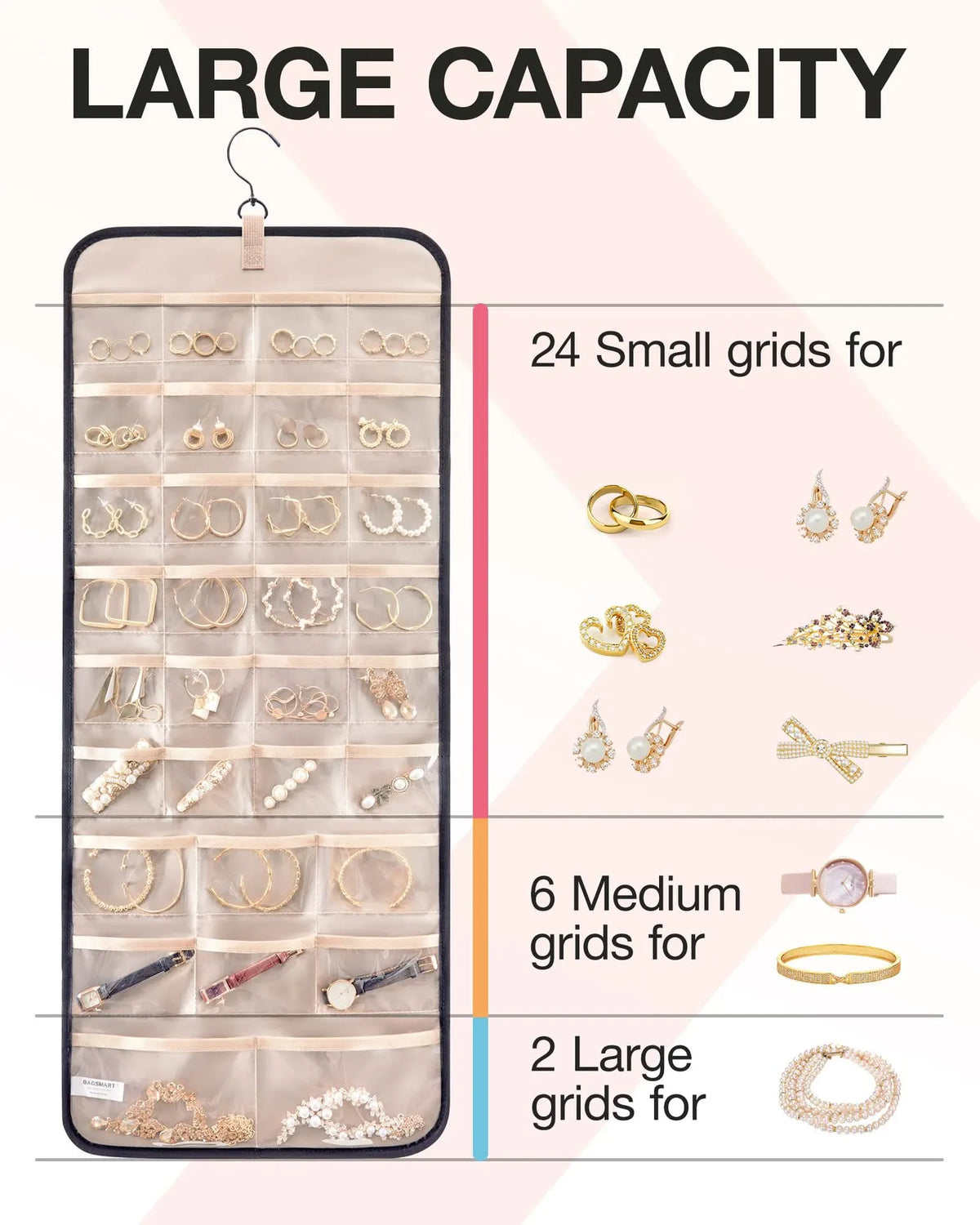 Black Hanging Jewelry Organizer - Closet Storage for Necklaces, Earrings, and Rings with Clear Pockets(14*33inch) - Image 3