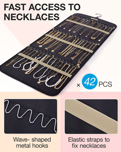 Black Hanging Jewelry Organizer - Closet Storage for Necklaces, Earrings, and Rings with Clear Pockets(14*33inch) - Image 4