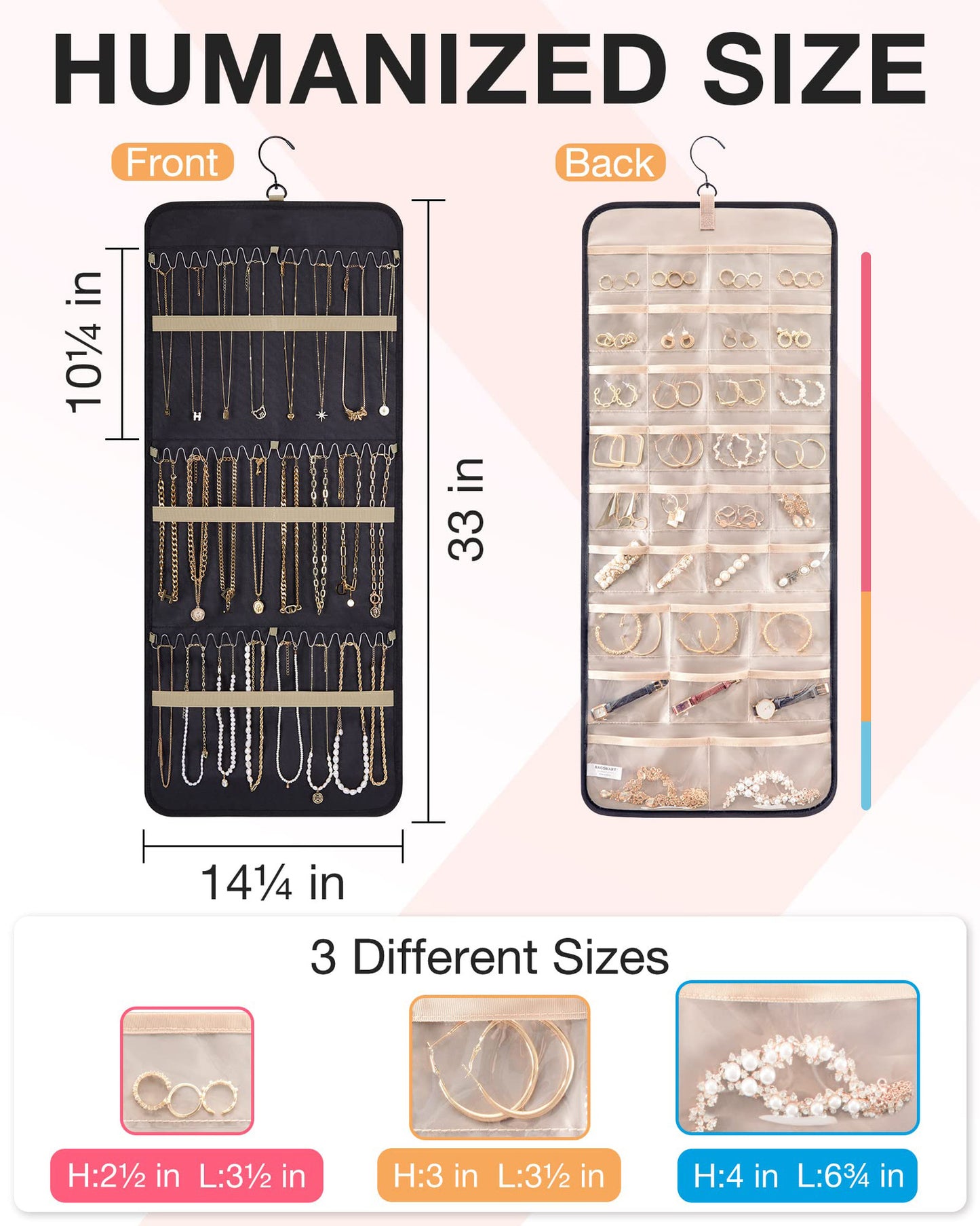 Pink Hanging Jewelry Organizer - Closet Storage for Necklaces, Earrings, and Rings with Clear Pockets(14*33inch) - Image 2