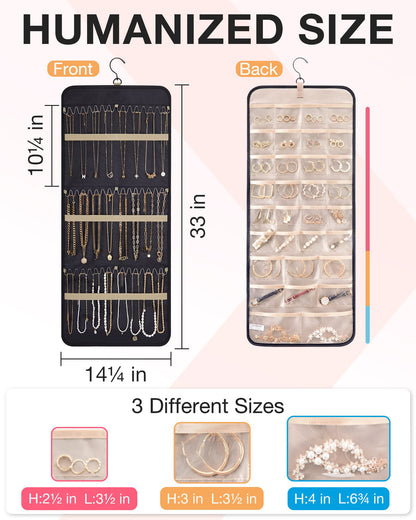 Pink Hanging Jewelry Organizer - Closet Storage for Necklaces, Earrings, and Rings with Clear Pockets(14*33inch) - Image 2