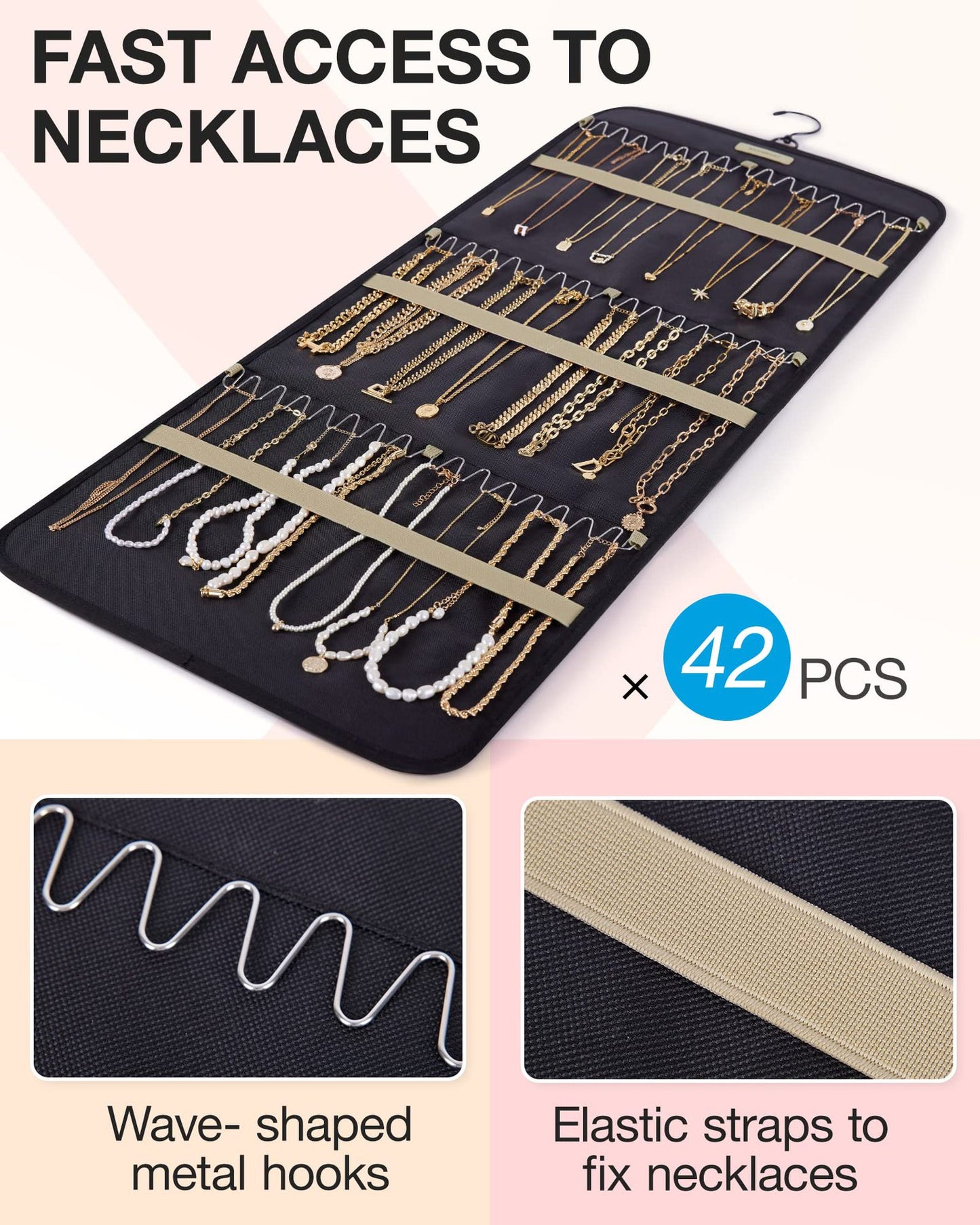 Pink Hanging Jewelry Organizer - Closet Storage for Necklaces, Earrings, and Rings with Clear Pockets(14*33inch) - Image 4