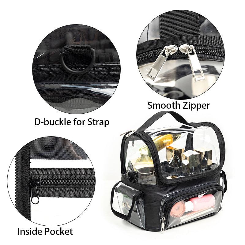 Black Professional Clear Makeup Case - Portable PVC Cosmetic Organizer with Adjustable Dividers & Shoulder Strap - Image 3