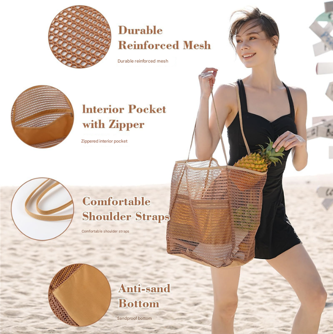 Khaki Large Mesh Beach Tote Bag - Lightweight & Foldable Shoulder Bag with Secure Zipper Pocket - Image 2