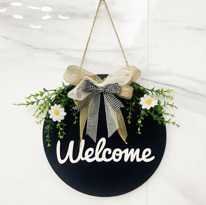 Dark Blue Rustic 'Hello' Welcome Sign - Farmhouse Round Wooden Wreath for Front Door Decor