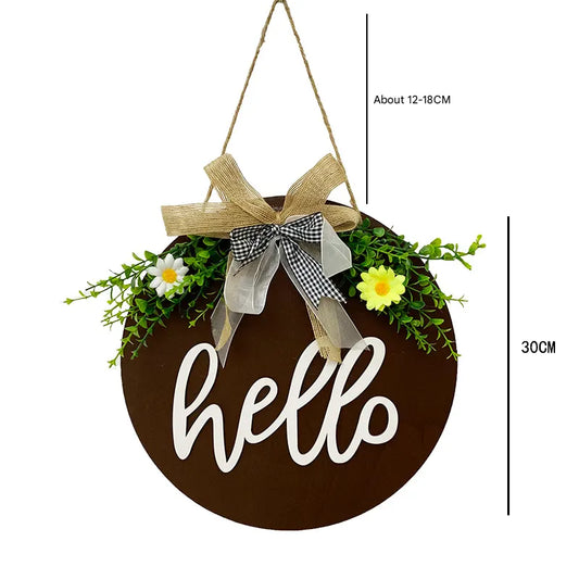 White Rustic 'Hello' Welcome Sign - Farmhouse Round Wooden Wreath for Front Door Decor - Image 4