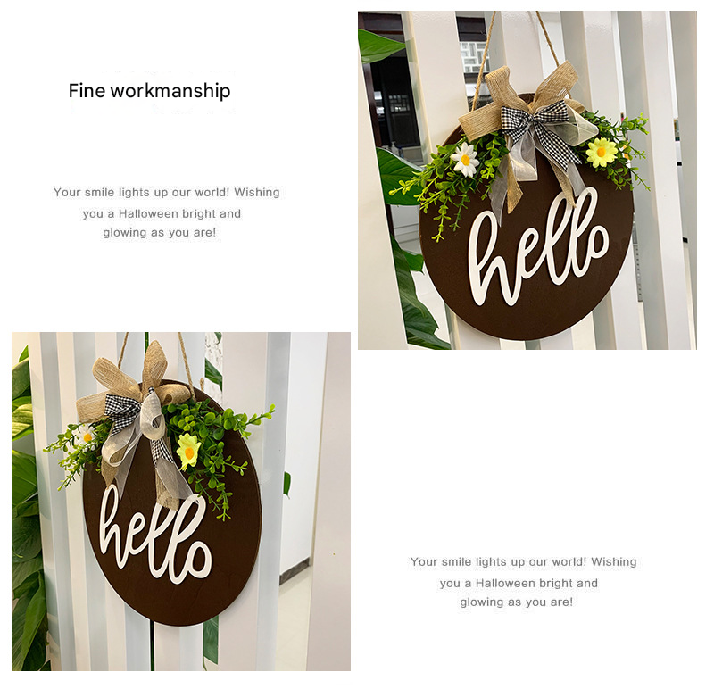 Brown Rustic 'Hello' Welcome Sign - Farmhouse Round Wooden Wreath for Front Door Decor - Image 3