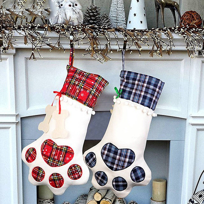 Blue Large Plaid Dog Paw Christmas Stocking - Festive Fireplace Decor for Pet Lovers - Image 4
