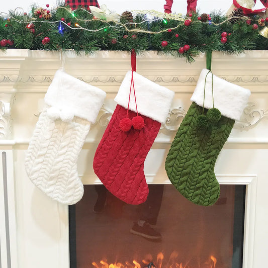 Red Large Cable Knit Christmas Stocking - Classic 43cm Holiday Decor for Fireplace Hanging - Image 2