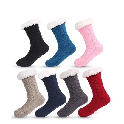 Grey  Women's Fuzzy Slipper Socks - Warm Fleece Lined Thermal Cable Knit Socks with Non-Slip Grips - Image 3