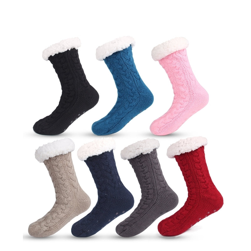 Black  Women's Fuzzy Slipper Socks - Warm Fleece Lined Thermal Cable Knit Socks with Non-Slip Grips - Image 3
