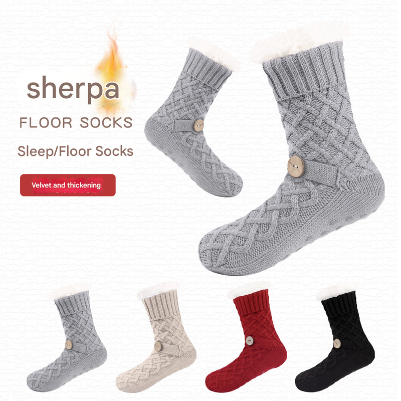 Khaki Women's Cozy Cable Knit Slipper Socks - Plush Fleece Lined Thermal Socks with Non-Slip Grips - Image 2