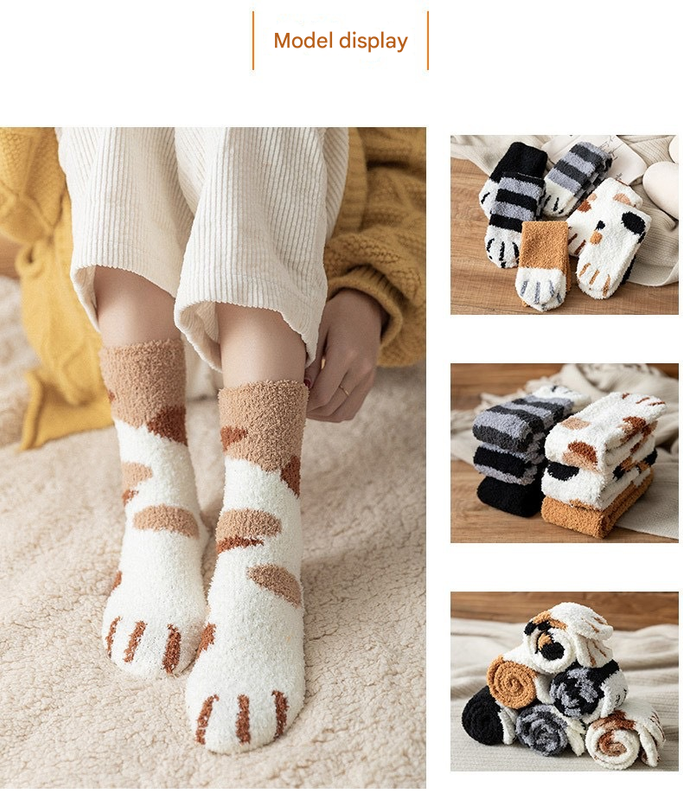 3-piece Black Cute Cat Paw Fuzzy Socks for Women - Plush Thermal Slipper Socks for Home & Lounging - Image 4