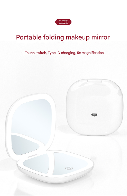 2-piece Pink Portable LED Makeup Mirror - Rechargeable Compact with 3-Color Lights & 5x Magnification - Image 2