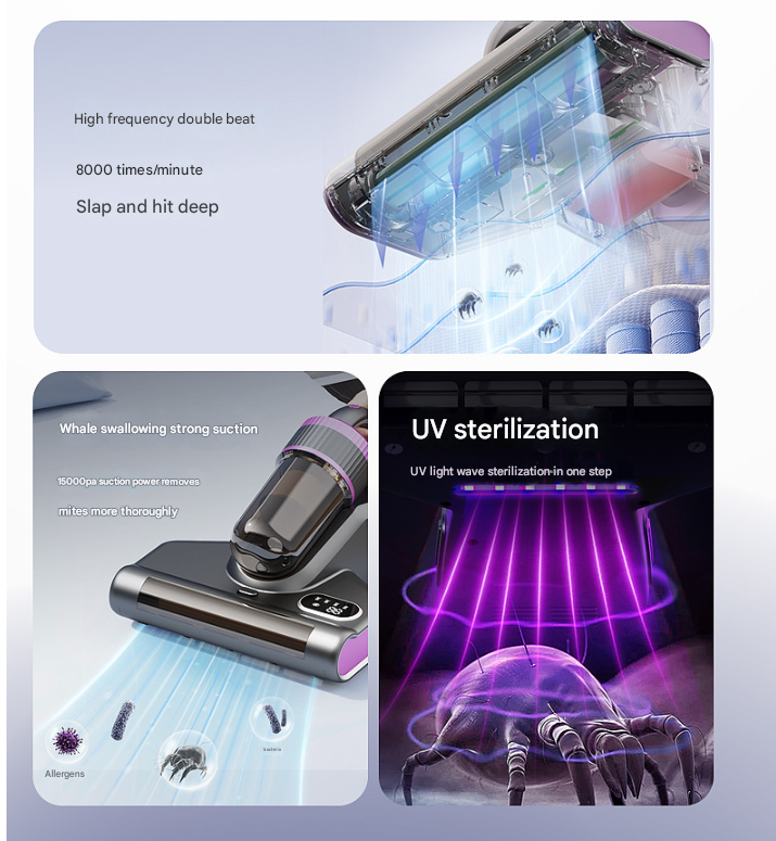 Purple Advanced Cordless UV-C Dust Mite Vacuum - Handheld Cleaner with Hot Air, Pulsating Pads & LED Display - Image 2