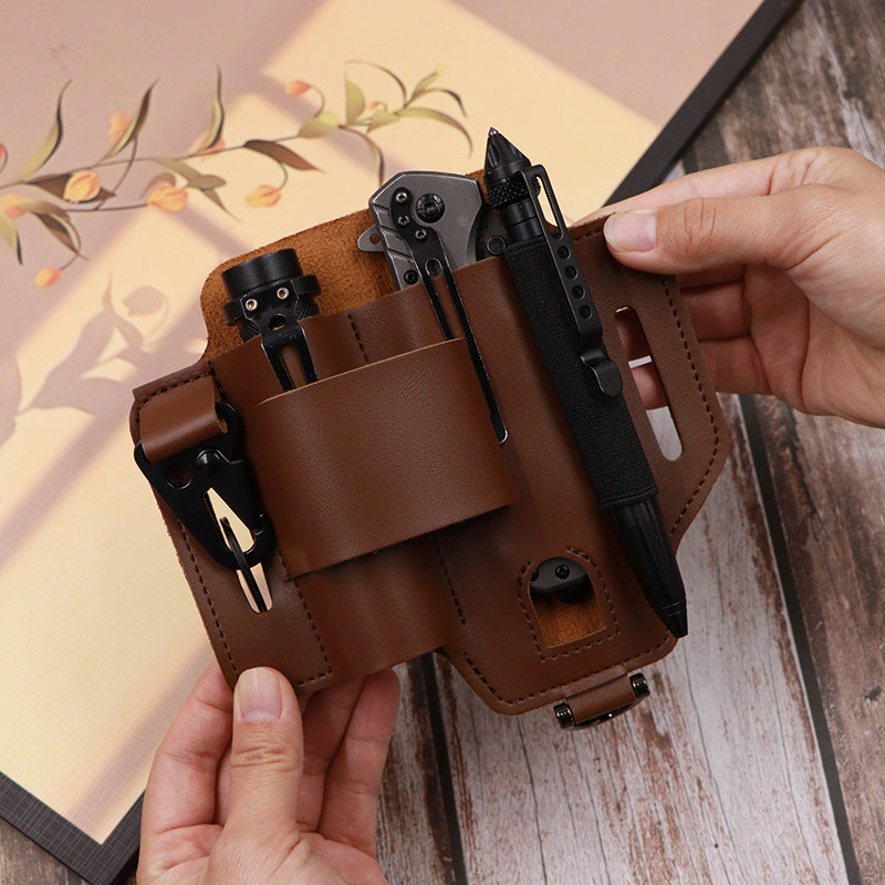2-piece Brown Outdoor EDC Tactical Tool Waist Bag - Multi-Functional Belt Storage Pouch with Flashlight, Copper Sleeve, and Survival Knife Holder - Image 2
